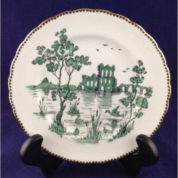 Royal Chelsea Lunch Plate Bone China England Green Ruins Scene Gold Trim - Picture 1 of 2